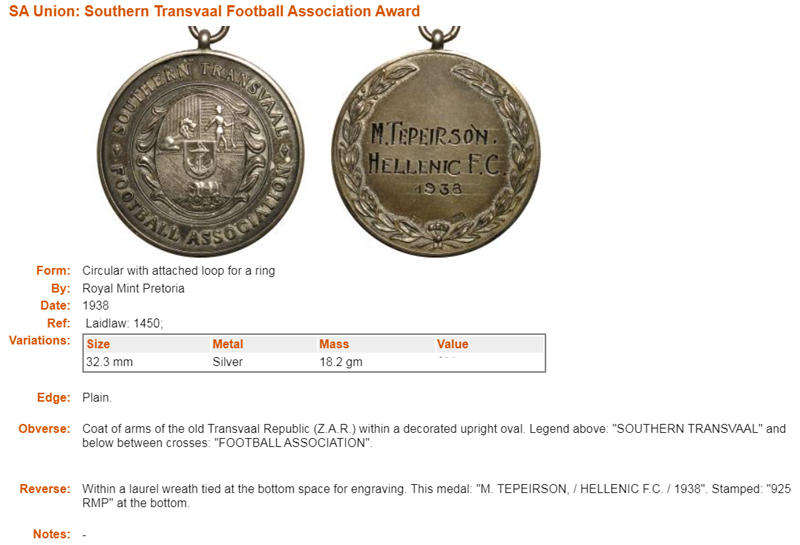 1938 Southern Transvaal Football Association Silver Award to Hellenic FC in Case