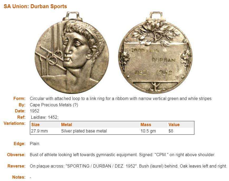 1952 Sporting Durban Medal