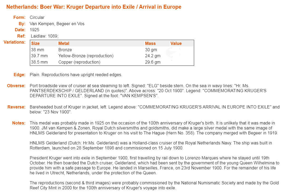 Paul Kruger Journey into Exile on the Dutch Ship Gelderland in 1900 Medal