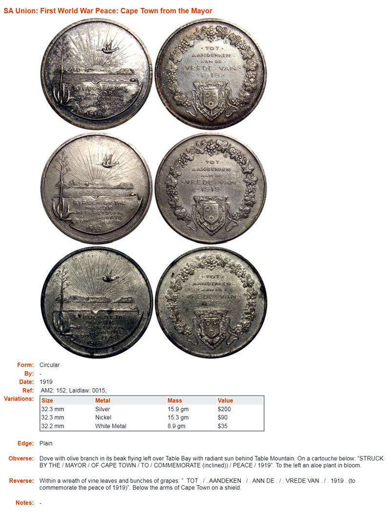 First World War: 1919 Silver Peace Medal from the Mayor of Cape Town
