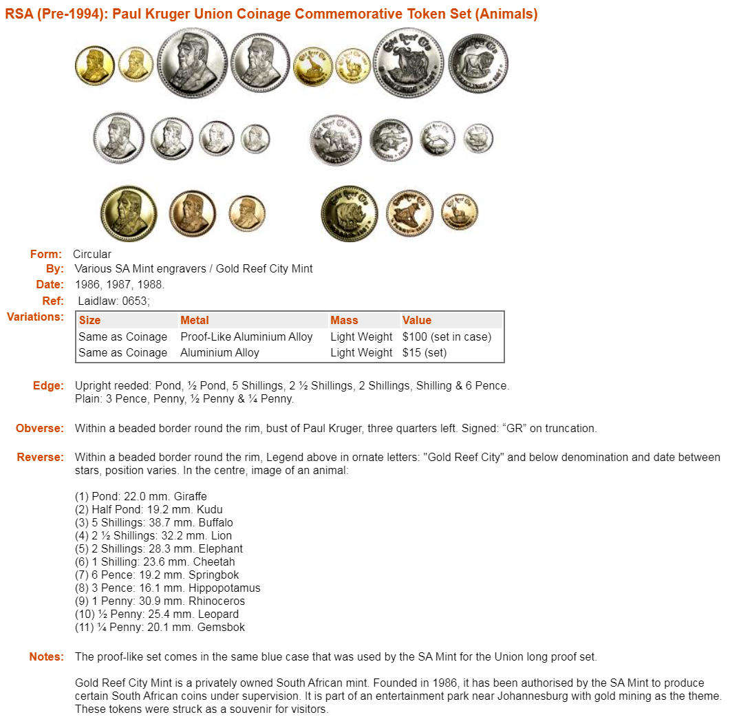 Paul Kruger Union Coinage Commemorative Long Proof Set 1987 Token Coins (Animals)