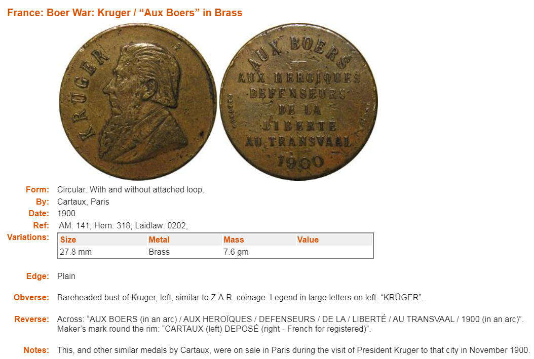France: 1900 Boer War Paul Kruger in Paris "AUX BOERS" Medal