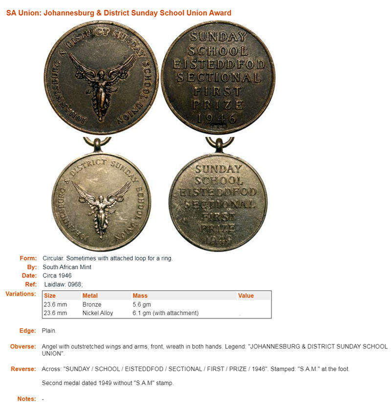 1949 Johannesburg & District Sunday School Union Pize Medal
