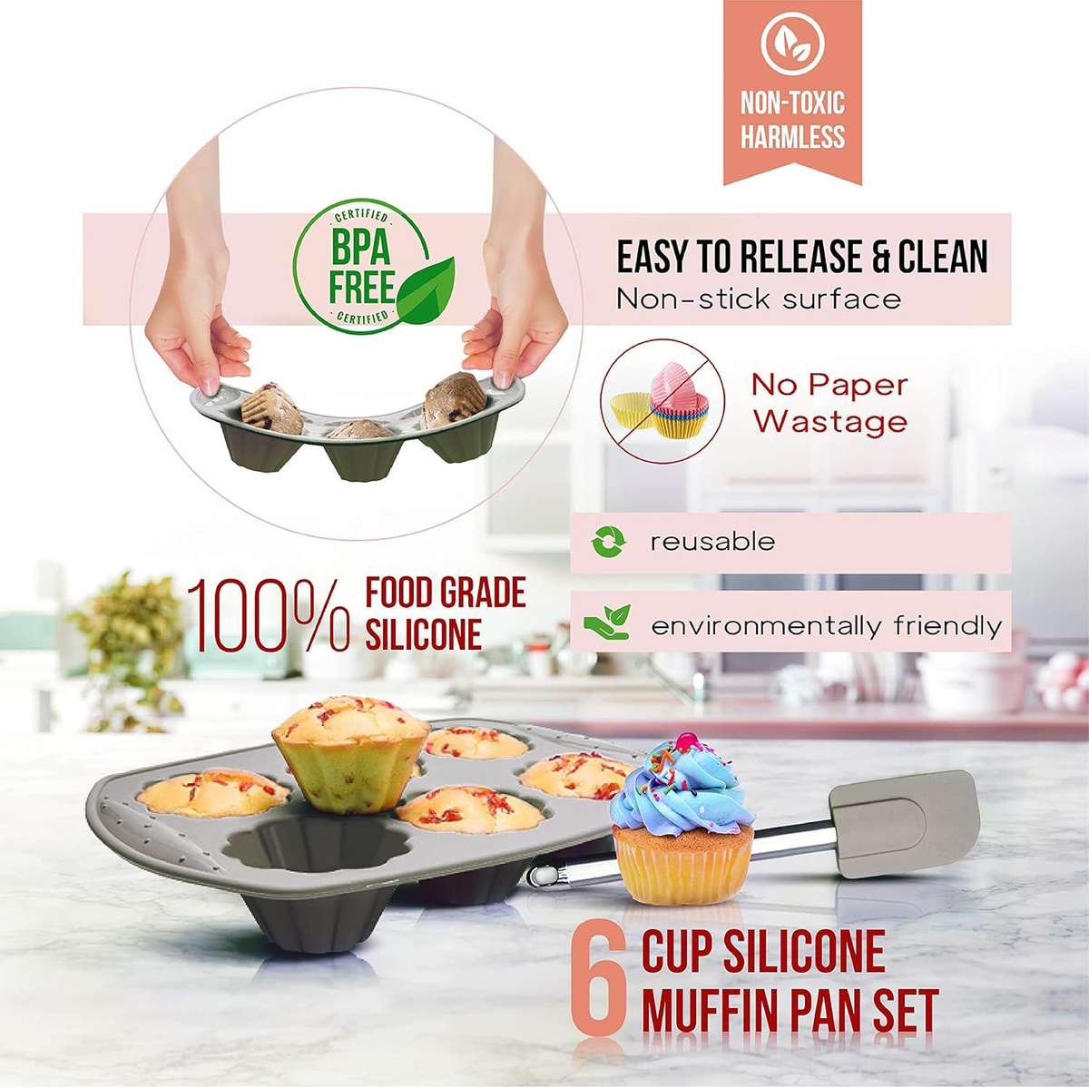 NiChef Silicone Muffin Trays with Spatula and Brush for 36 Cups