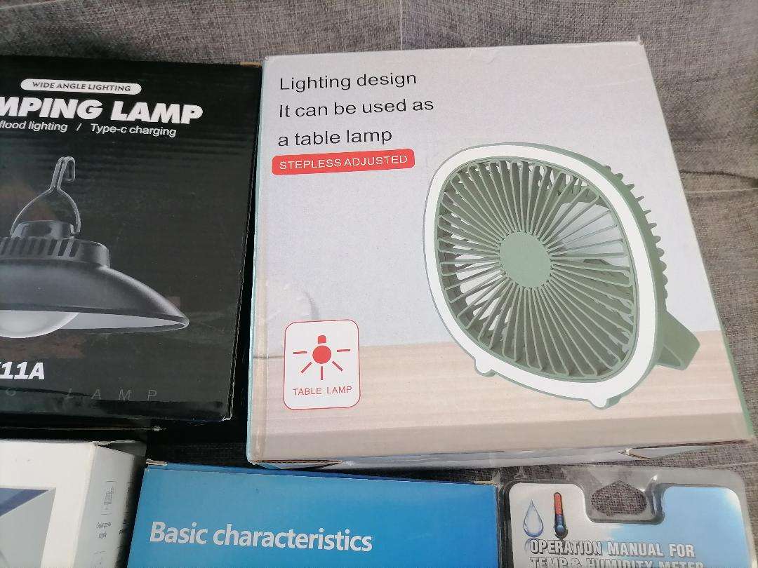 **LOT OF NEW ELECTRONICS*SOLAR MOTION ALARMS,CAMING LAMP,USB FAN,DIGITAL SCALE,TEMP/CLOCK*