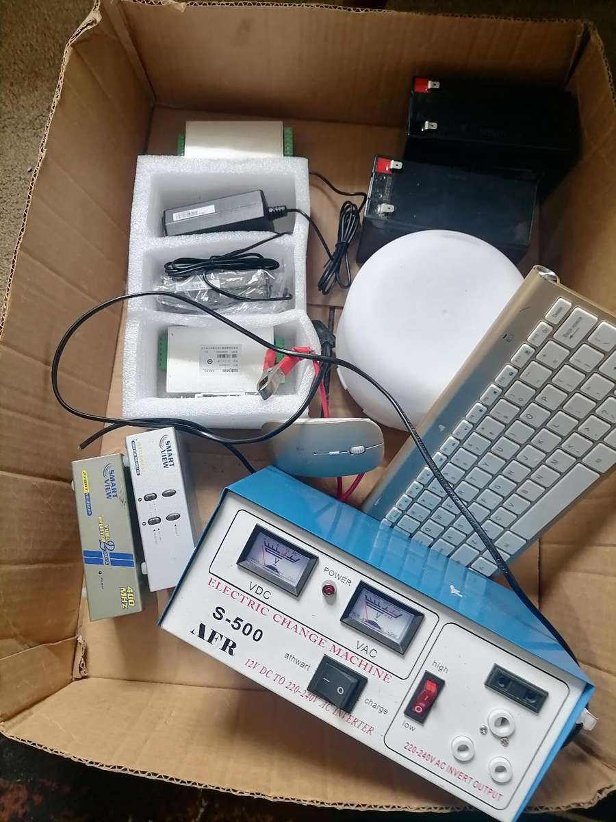 Electronics Lot: inverter,stepdown switches,led mist air purifier,kboard/mse,12v batteries etc