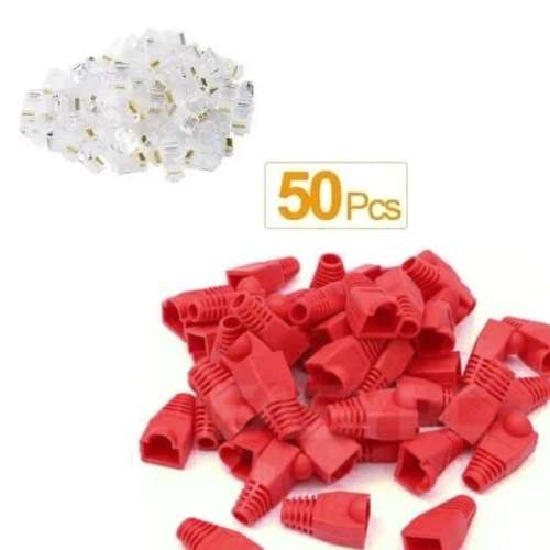 RJ45 Cat5e Crimp Connector and Red Boots - 50 Pack