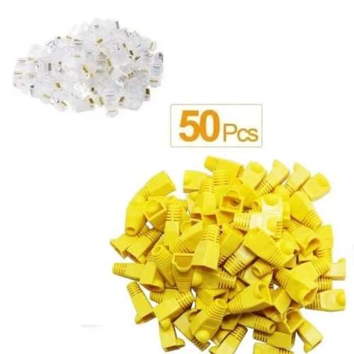 RJ45 Cat5e Crimp Connector and Yellow Boots - 50 Pack