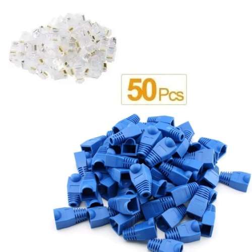 RJ45 Cat5e Crimp Connector and Blue Boots - 50 Pack