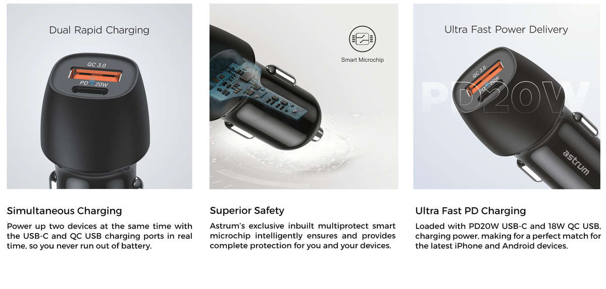 Astrum USB-C 20W Dual USB Travel Car Charger