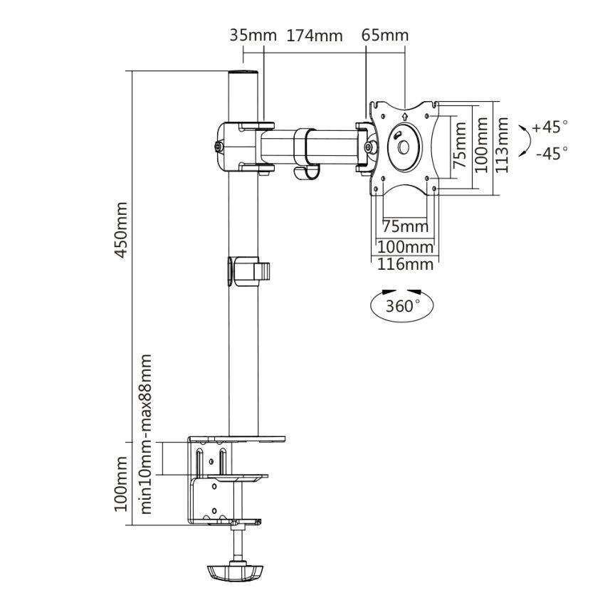 Single Arm Height Adjustable Monitor Mount 13" - 27`"