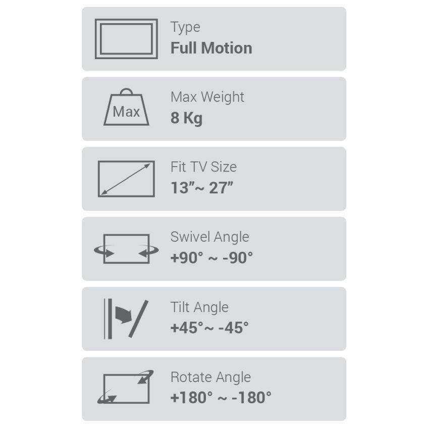 Single Arm Height Adjustable Monitor Mount 13" - 27`"