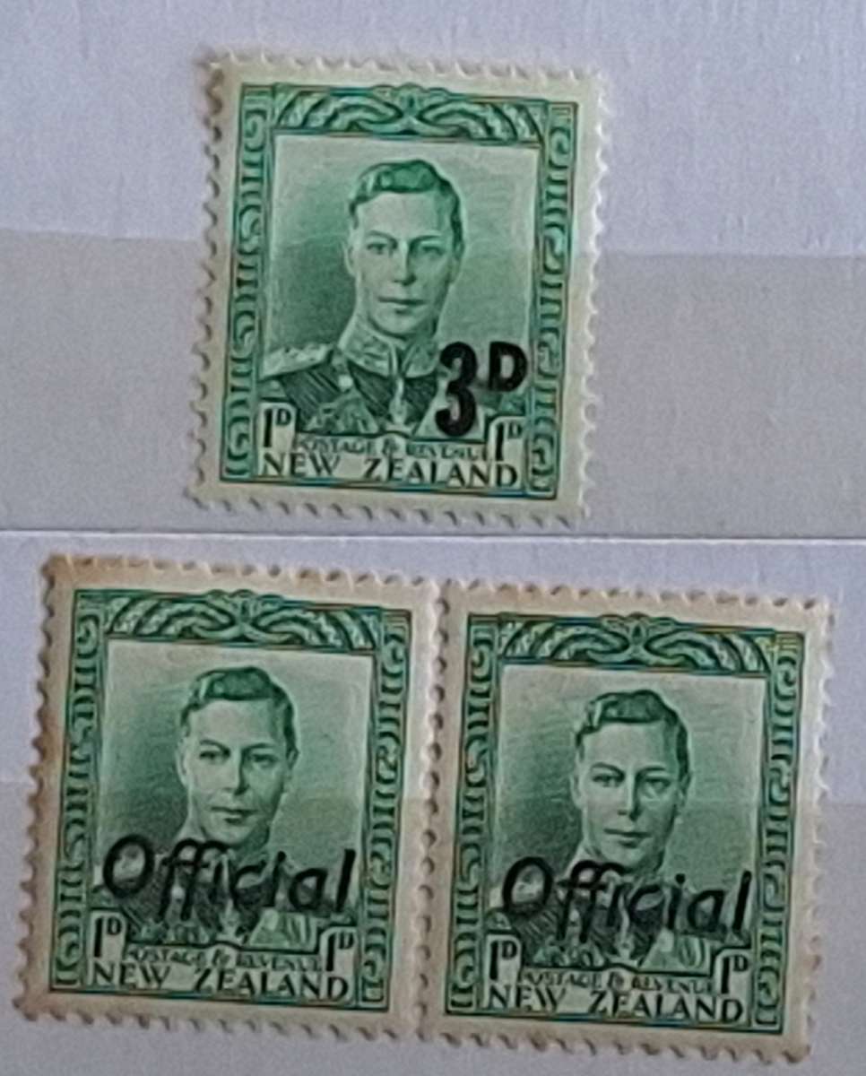 New Zealand 1938 George VI Pair Official and 1950-53 Provisional 3d on 1d green All Unused