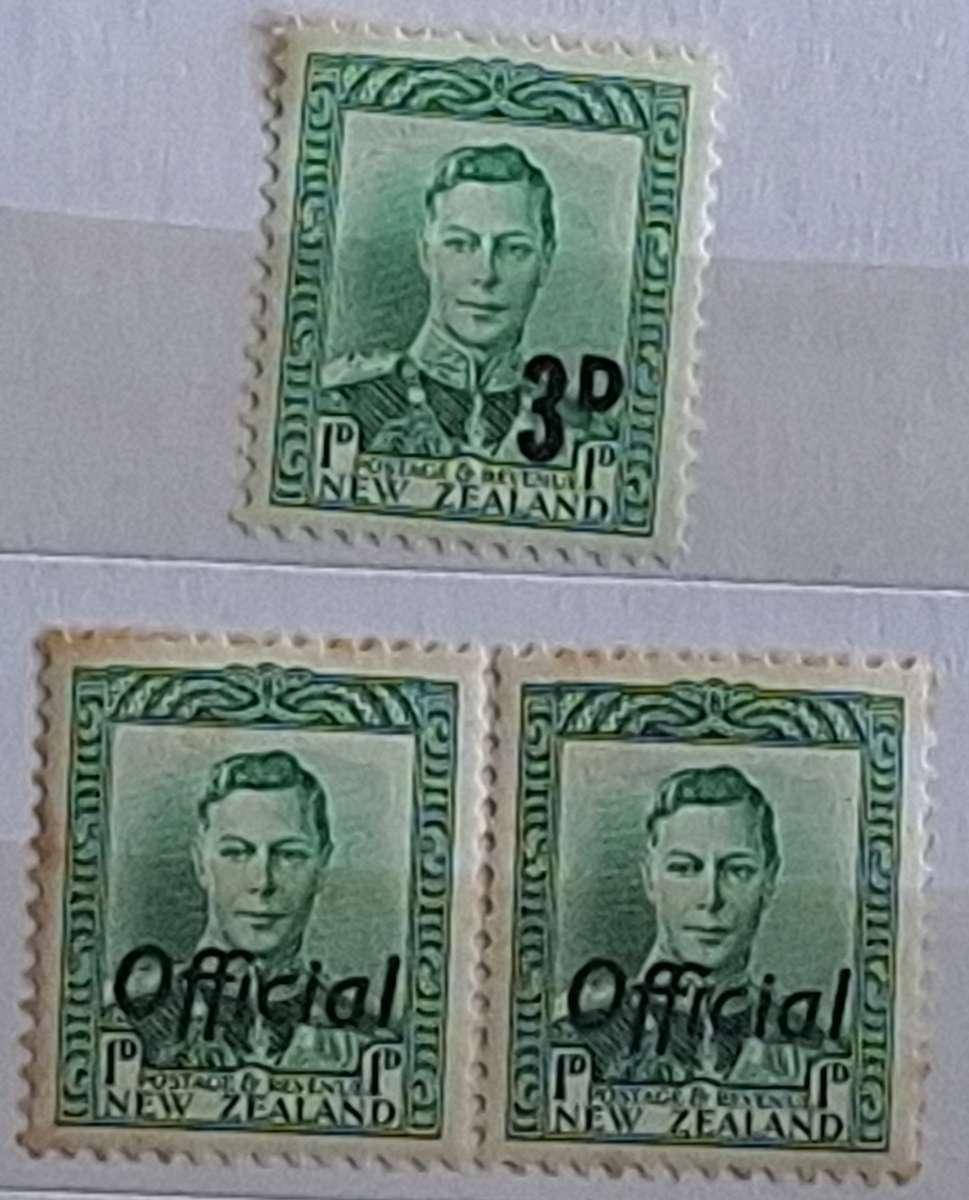 New Zealand 1938 George VI Pair Official and 1950-53 Provisional 3d on 1d green All Unused