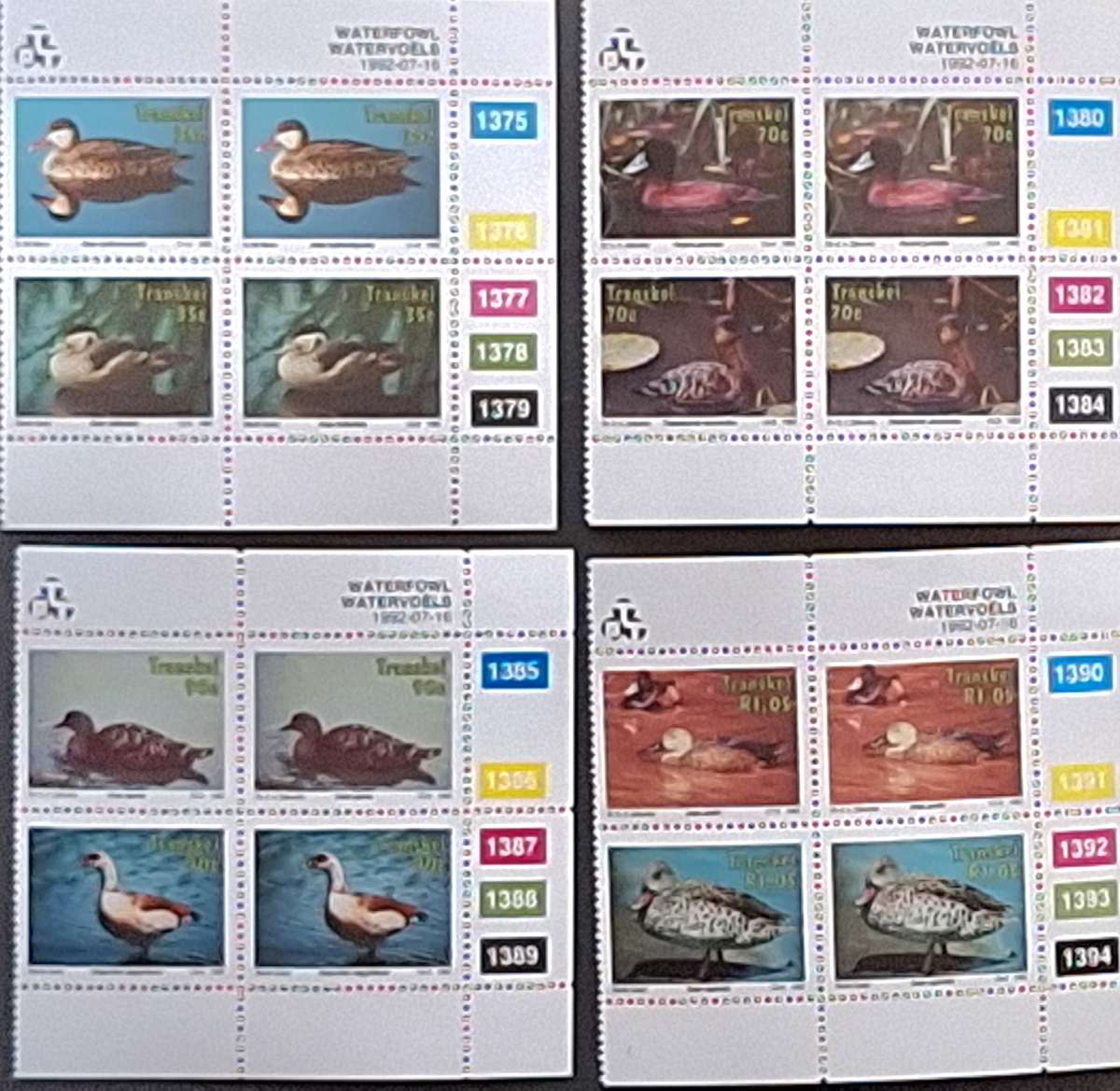 Transkei 1992 Water Fowl 1 Set of Mint Control Blocks
