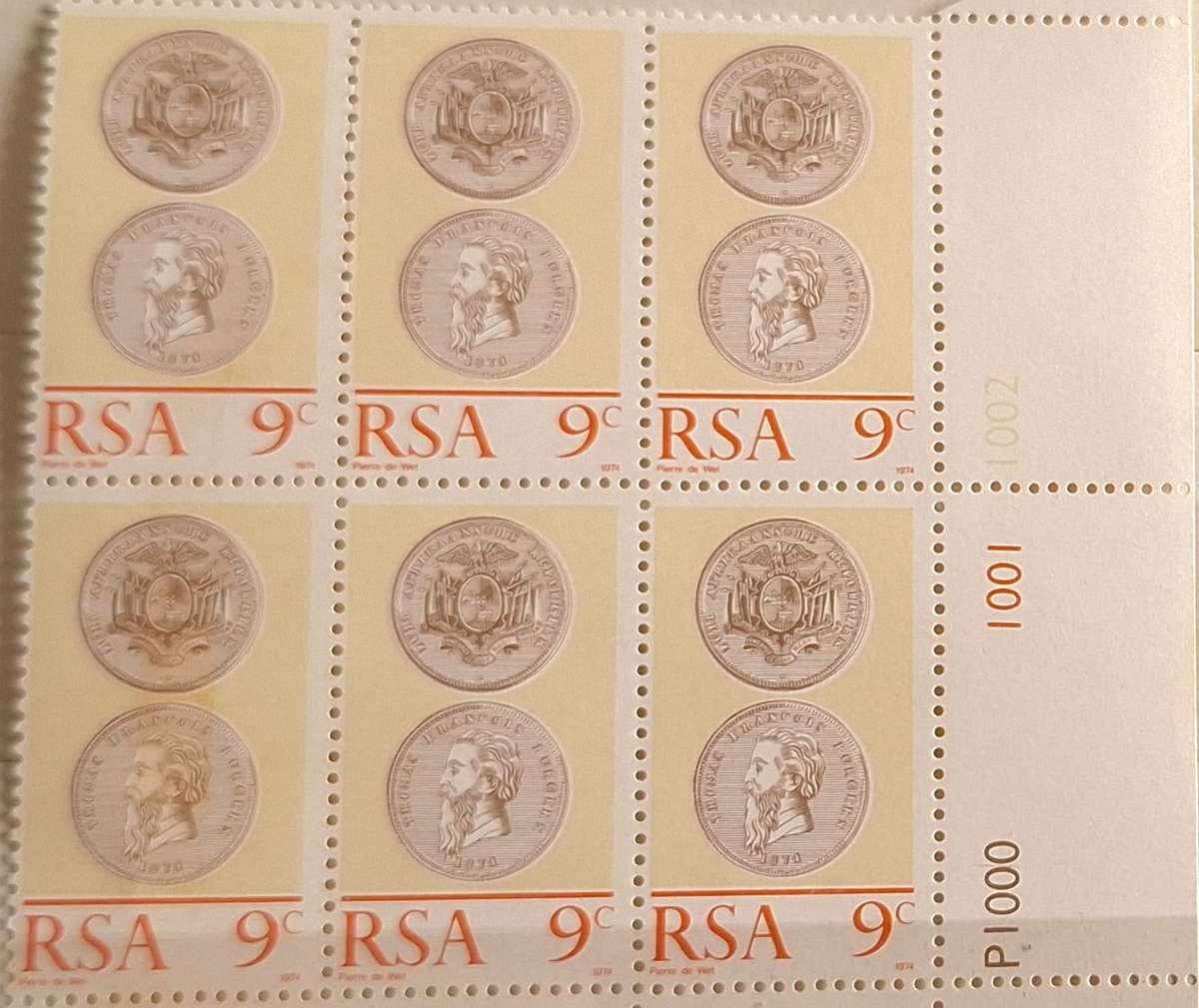 RSA 1974 5th Numismatic Convention and Centenary of Burgerspond Mint Control Block of 6 stamps