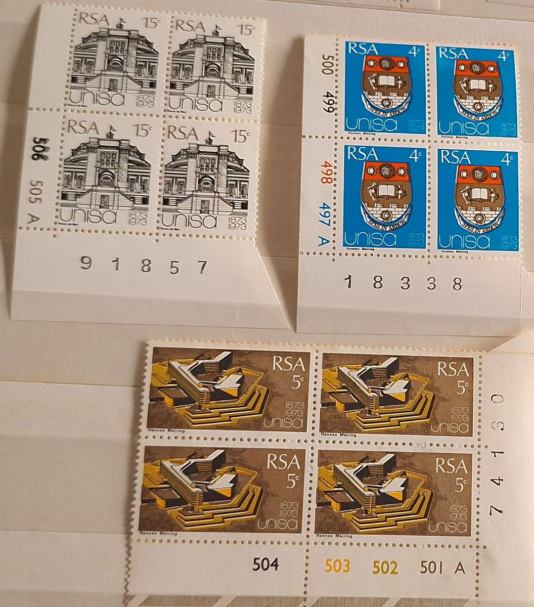 RSA 1973 Unisa Centenary Set of 3 Mint Control Blocks of 4 stamps each