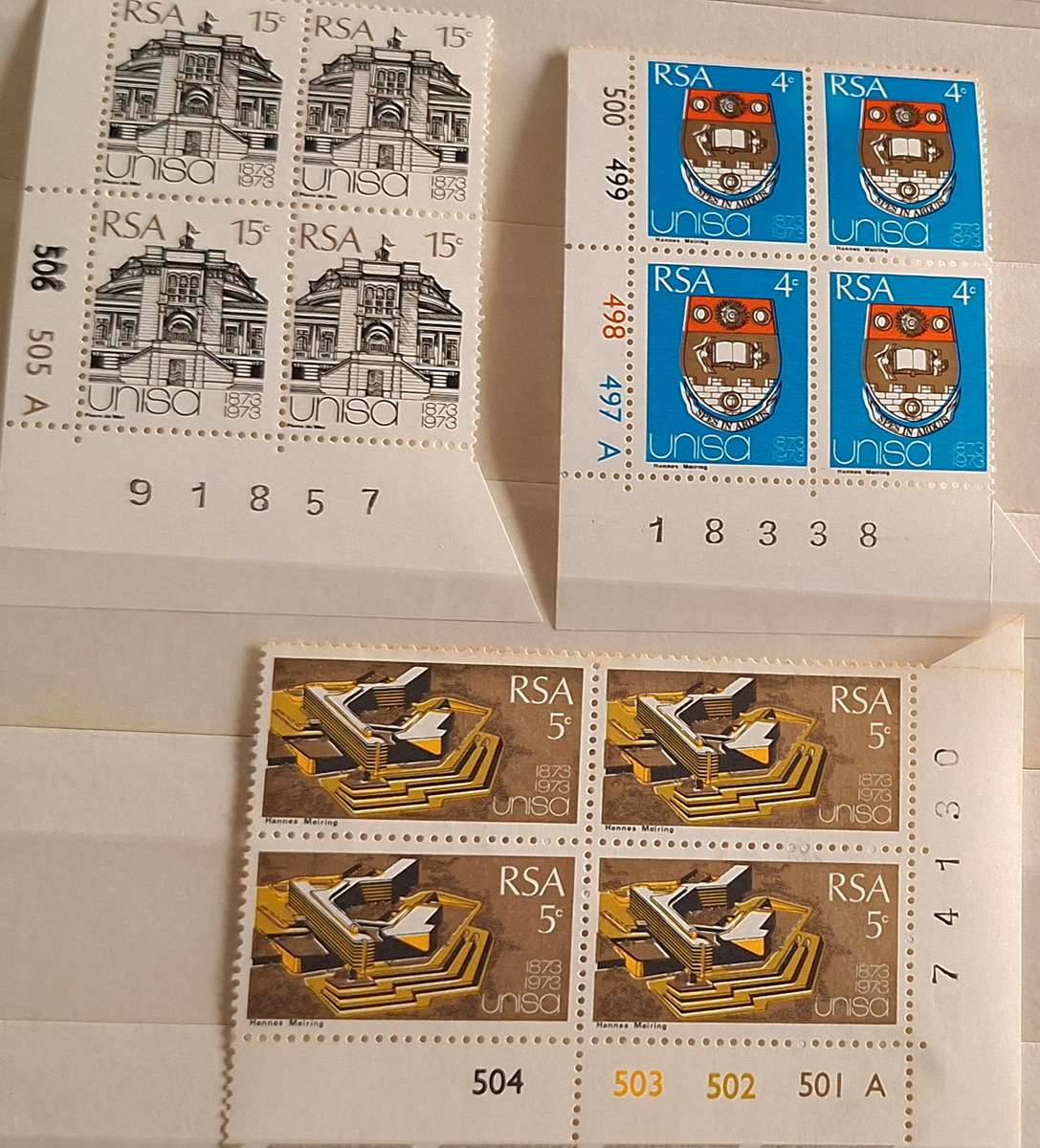 RSA 1973 Unisa Centenary Set of 3 Mint Control Blocks of 4 stamps each