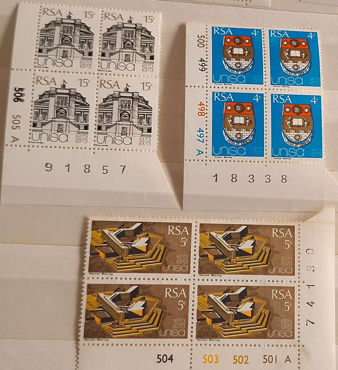RSA 1973 Unisa Centenary Set of 3 Mint Control Blocks of 4 stamps each