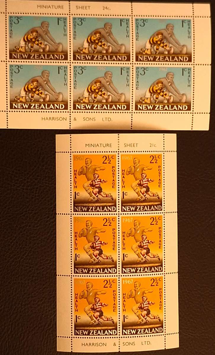 New Zealand 1967 Health Issue Rugby Set of 2 Unused Hinged Miniature Sheets