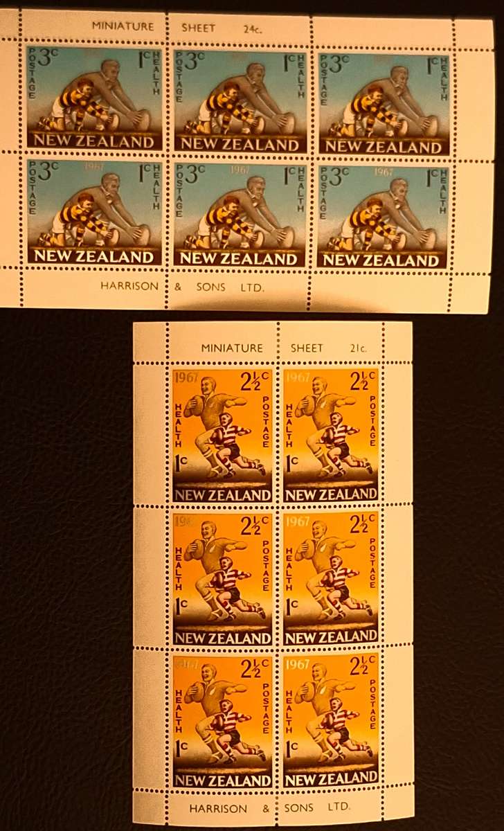 New Zealand 1967 Health Issue Rugby Set of 2 Unused Hinged Miniature Sheets