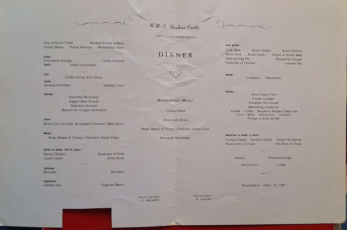 Union-Castle Safmarine RMS Windsor Castle First Class Dinner Menu 1969
