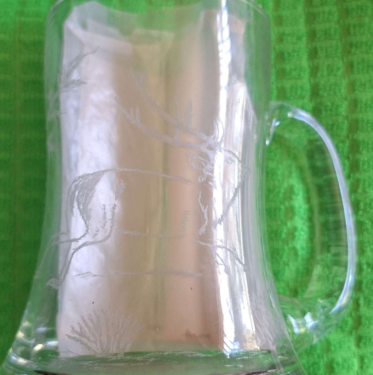 Glass Beer Mug with etching of Buck
