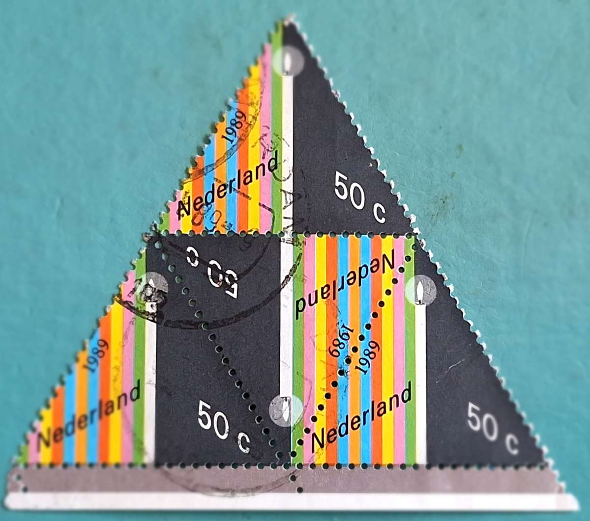 Netherlands 1989 Color Stripes / Triangle Triangle of 4 Used stamps