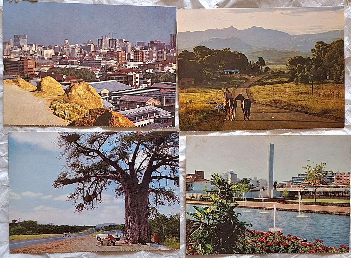 SAR Travel Bureau SAS-Reisburo 4 Post Cards : Jhb, Underberg Natal, Hertzog Monument Bloem, and N.Tv
