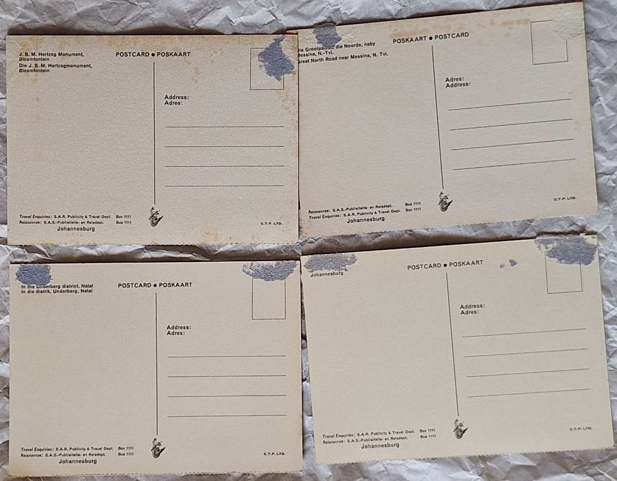 SAR Travel Bureau SAS-Reisburo 4 Post Cards : Jhb, Underberg Natal, Hertzog Monument Bloem, and N.Tv