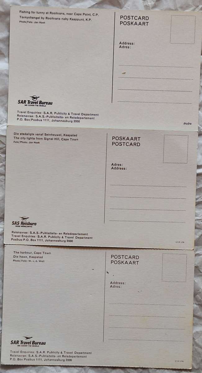 SAR Travel Bureau SAS-Reisburo 3 Post Cards : Cape Town Harbour, Rooikrans, Signal Hill