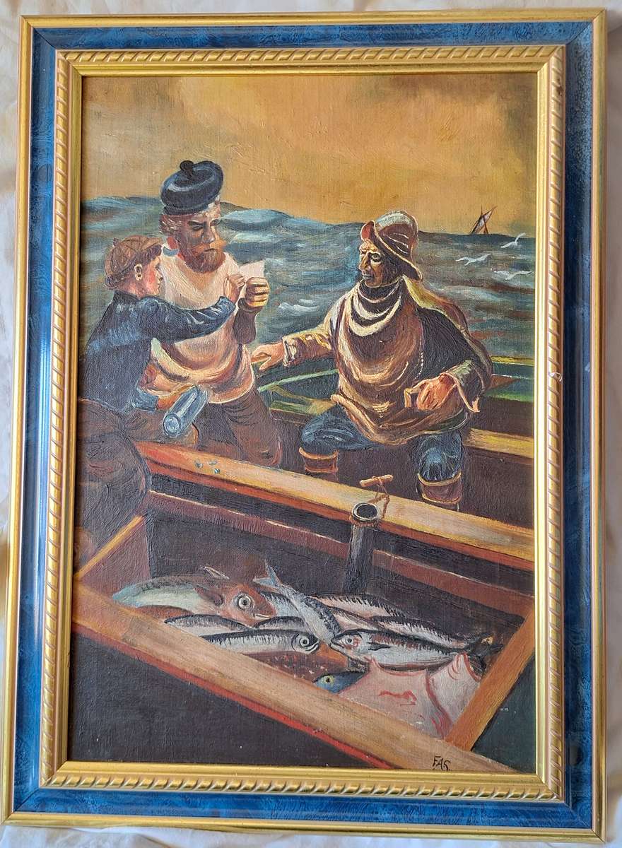 Framed Oil Painted on Board of Fishermen Signed FAS
