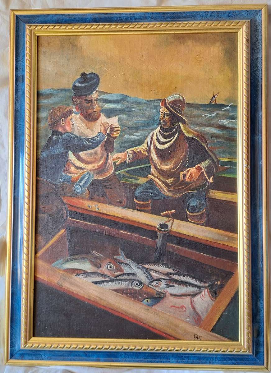 Framed Oil Painted on Board of Fishermen Signed FAS