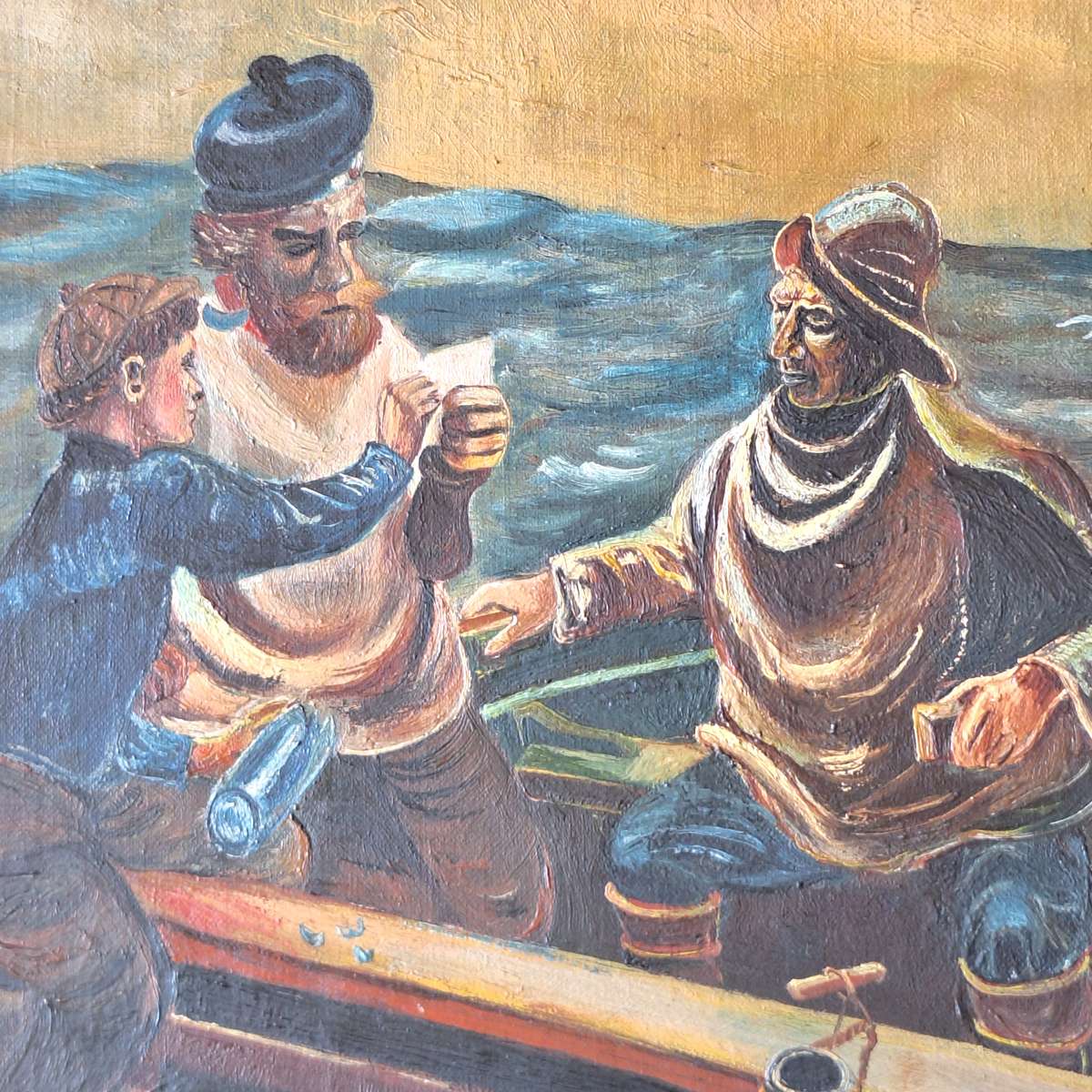 Framed Oil Painted on Board of Fishermen Signed FAS