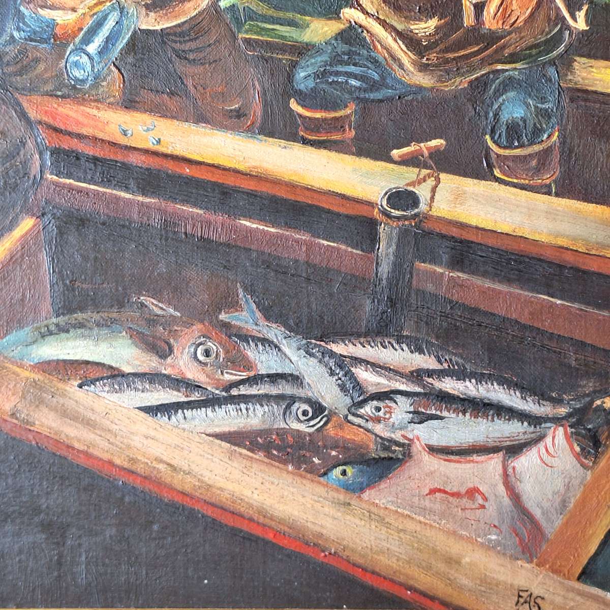 Framed Oil Painted on Board of Fishermen Signed FAS