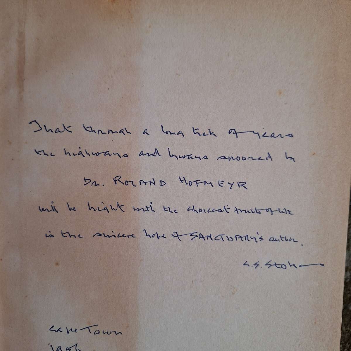 Sanctuary by C S Stokes Hardcover 1953 Eighth Edition Inscribed and Signed by Author