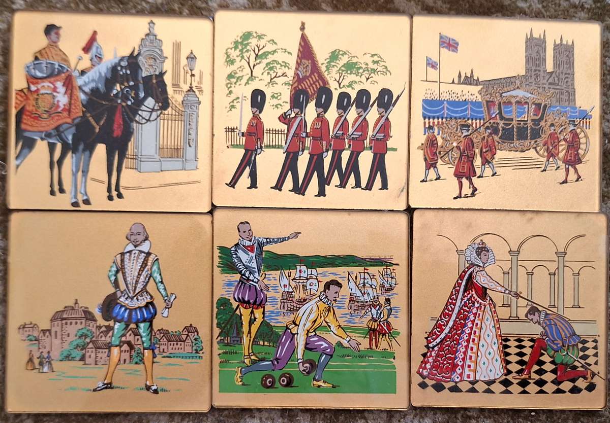 Boxed set of 6 1953 Coronation Reverse Painted Glass Coasters