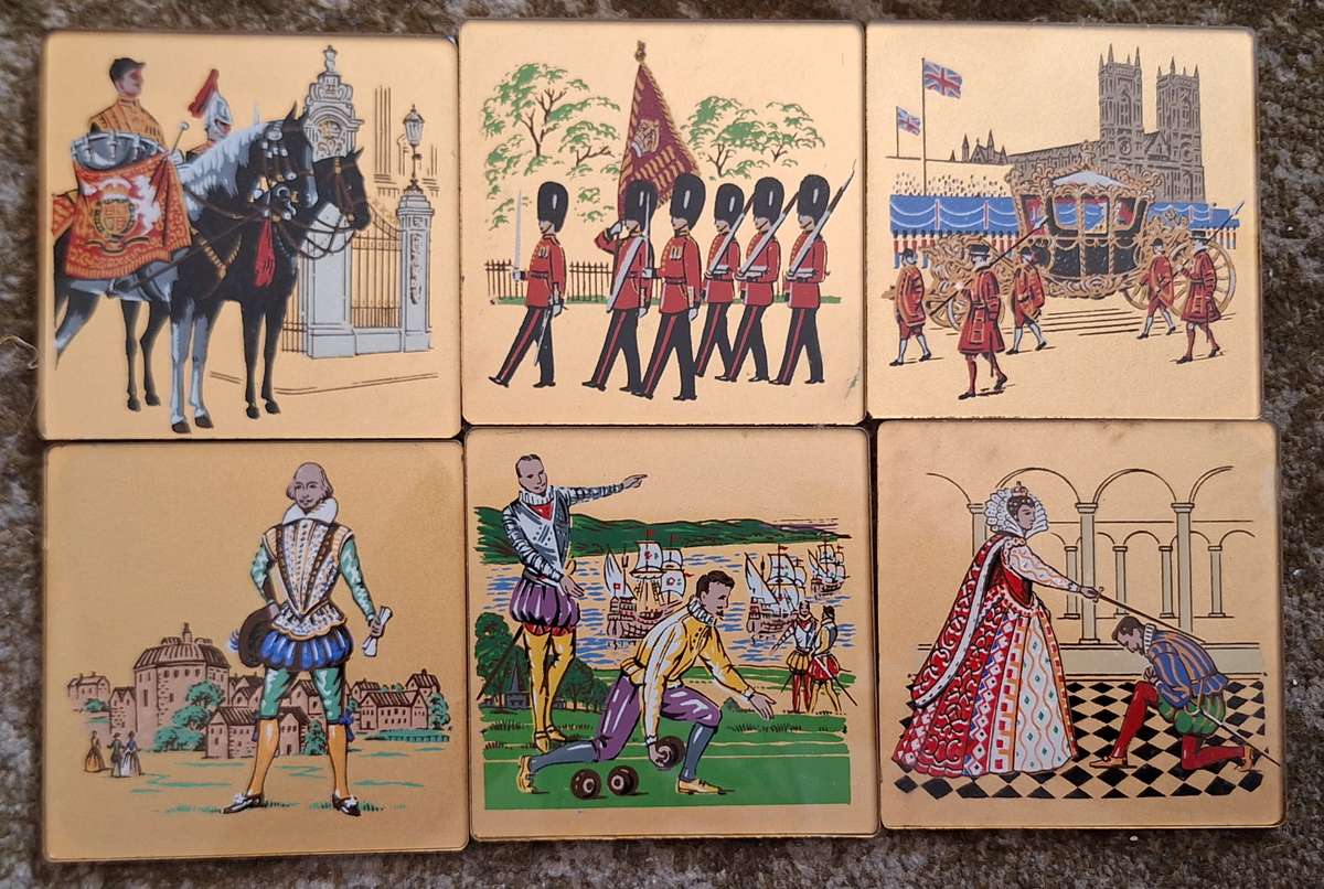 Boxed set of 6 1953 Coronation Reverse Painted Glass Coasters