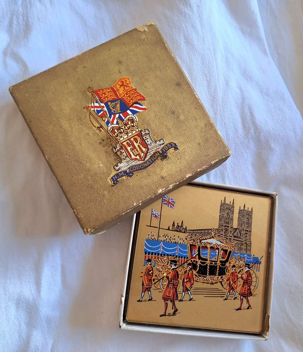 Boxed set of 6 1953 Coronation Reverse Painted Glass Coasters