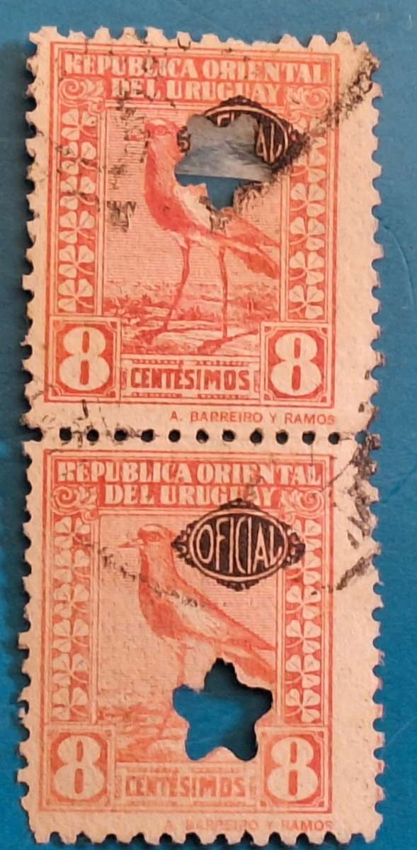 Uruguay 1924 Bird Official Used Hinged Pair with star punched into face of each stamp
