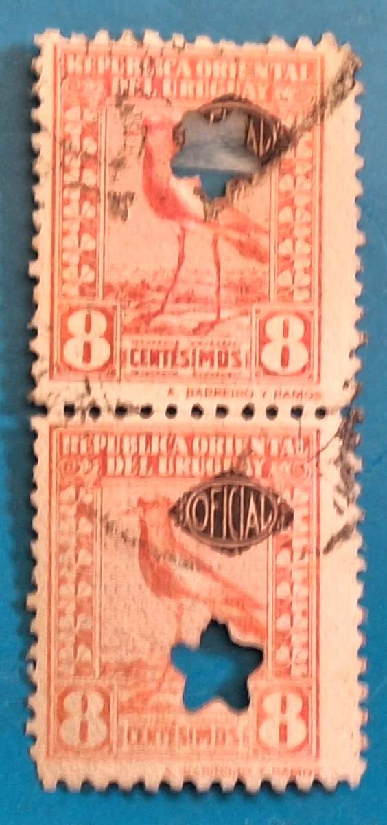 Uruguay 1924 Bird Official Used Hinged Pair with star punched into face of each stamp