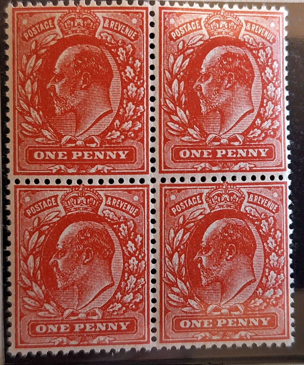 GB 1911 Edward II Stanley Gibbons Ltd 1d Rose-Red No Watermark. Block of 4 Unmounted O.G.