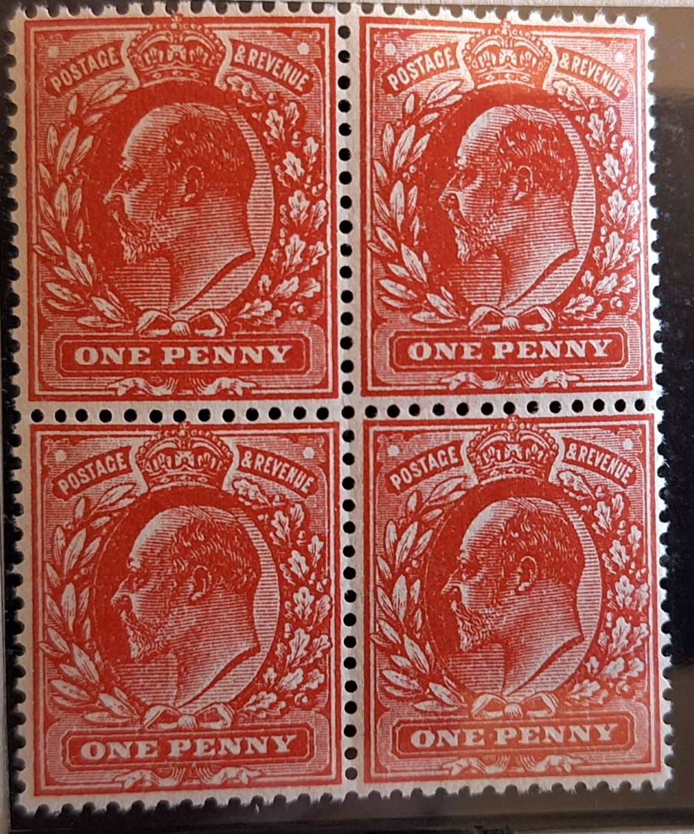 GB 1911 Edward II Stanley Gibbons Ltd 1d Rose-Red No Watermark. Block of 4 Unmounted O.G.