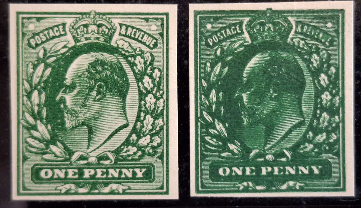 GB 1902/11 Plate Proofs Stanley Gibbons Ltd 1d Two Examples in Deep Green. One Doubly Printed.