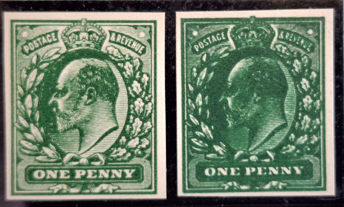 GB 1902/11 Plate Proofs Stanley Gibbons Ltd 1d Two Examples in Deep Green. One Doubly Printed.