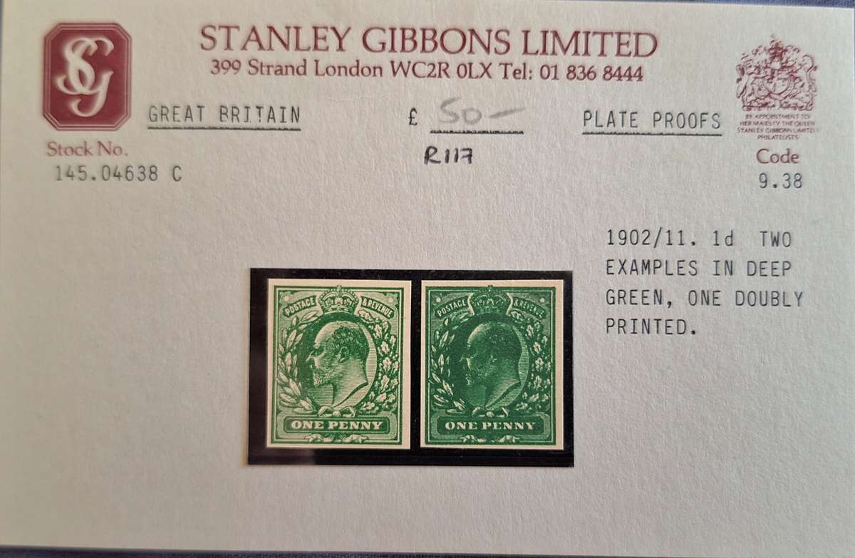 GB 1902/11 Plate Proofs Stanley Gibbons Ltd 1d Two Examples in Deep Green. One Doubly Printed.