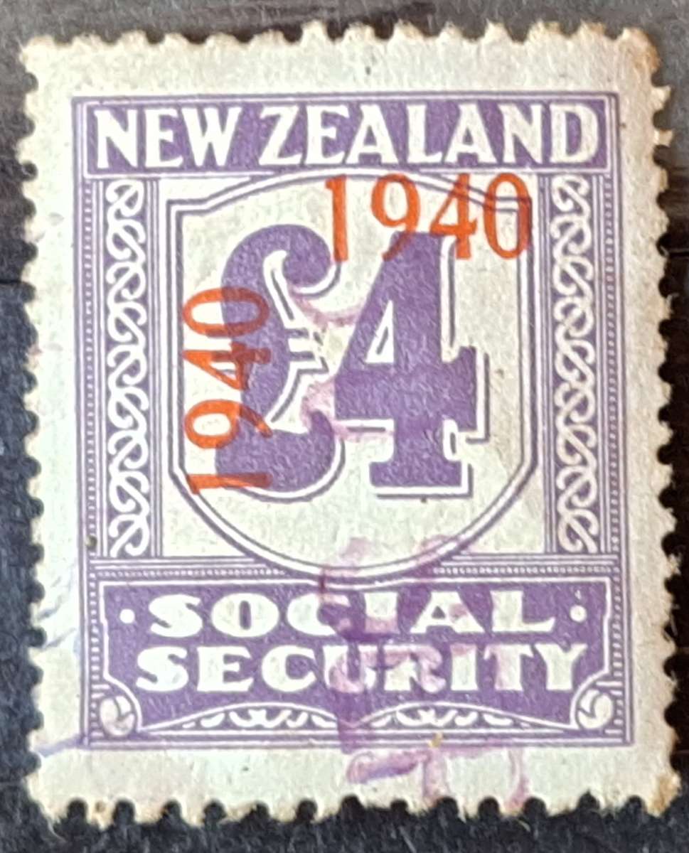 New Zealand 1940 Revenue: Social Security 1 Cancelled 4 Pound Violet stamp