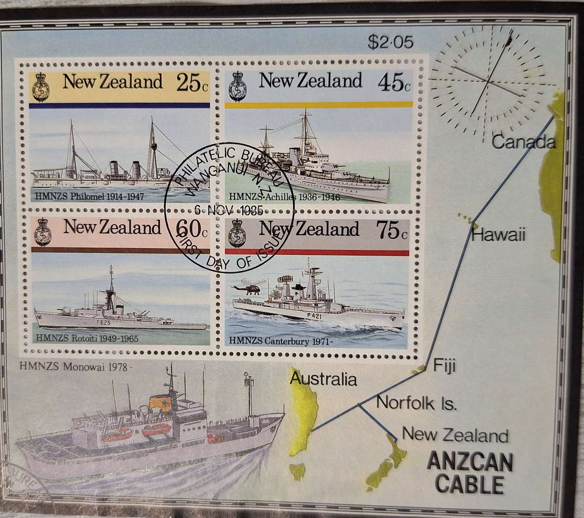 New Zealand 1985 Anzac Cable Cancelled Hinged Miniature Sheet