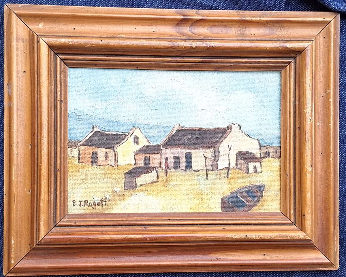 Framed Oil on Rowley Canvas Panel of Cottages by E J Rogoff