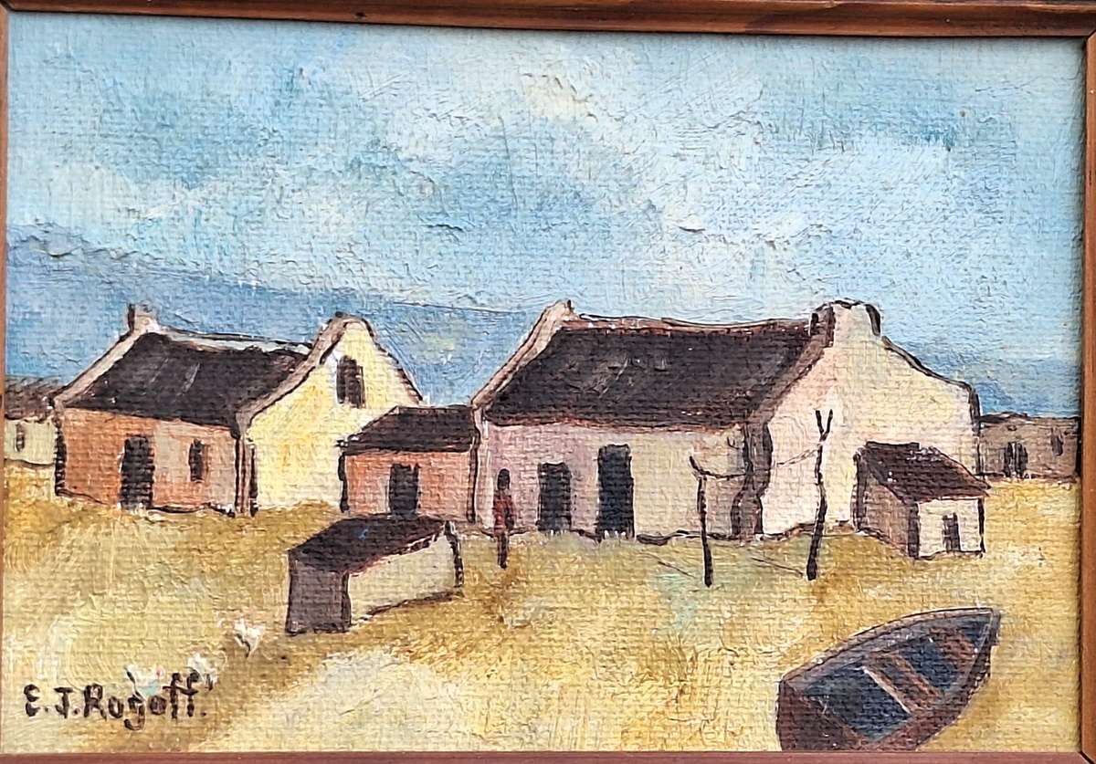 Framed Oil on Rowley Canvas Panel of Cottages by E J Rogoff